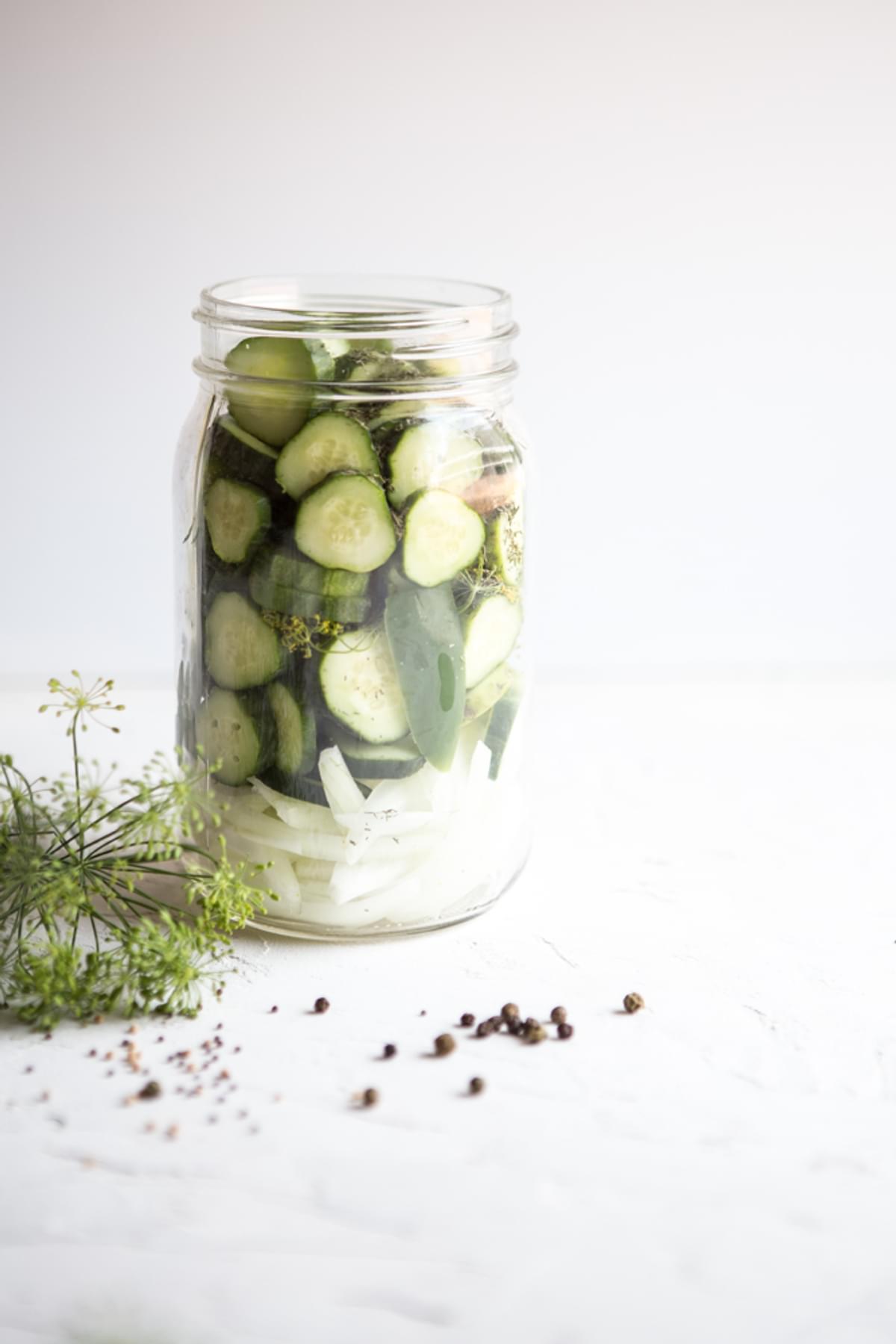 onions, homemade pickles, fresh dill and jalapeno packed into a glass pickle jar