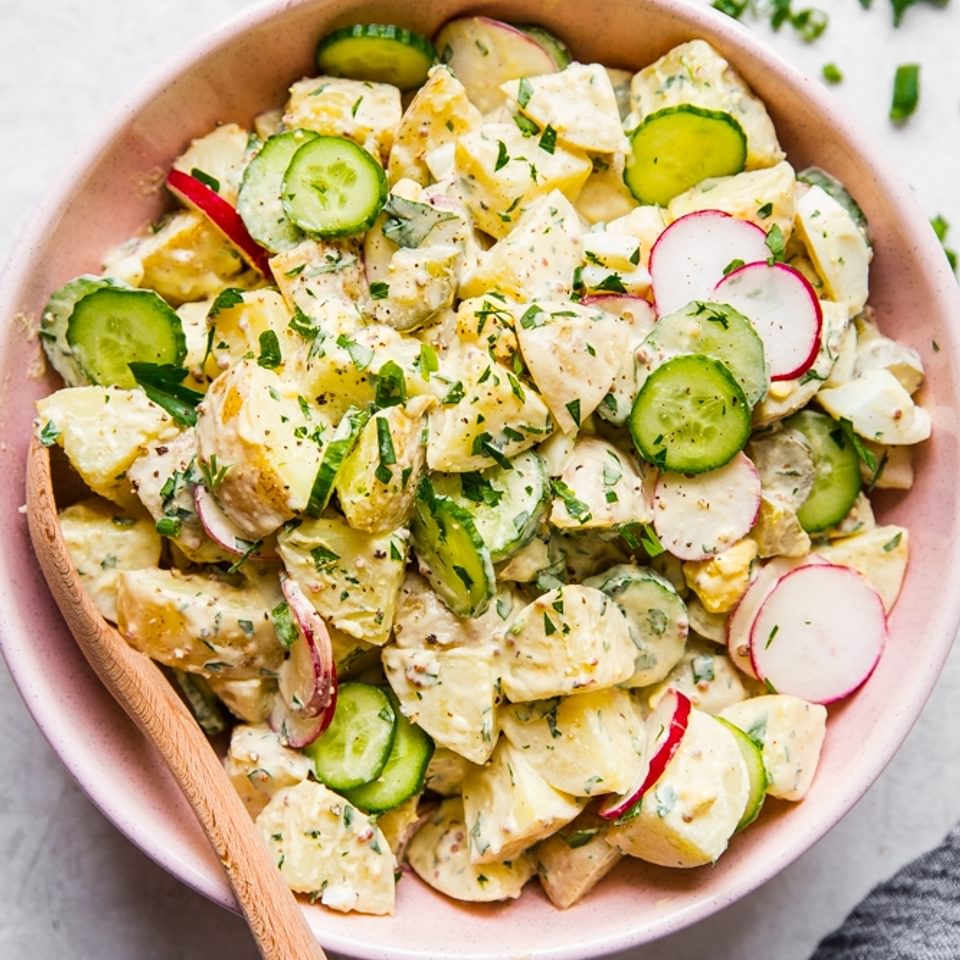 Classic potato salad in a bowl with a wooden spoon made with radishes and cucumber