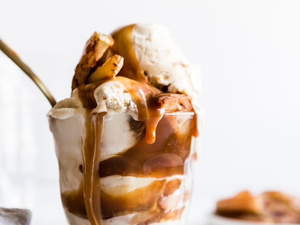 Salted Caramel Apple Sundae in a cup with a spoon