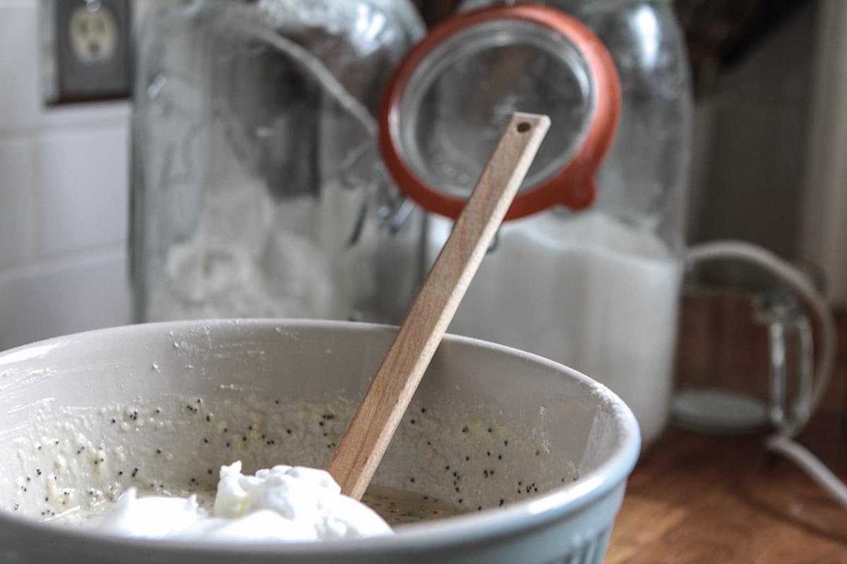 almond poppy seed pancake batter in a mixing bowl
