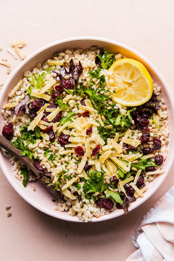 Spring Barley Salad with lemon chive vinaigrette dried cranberries and sunflower seeds