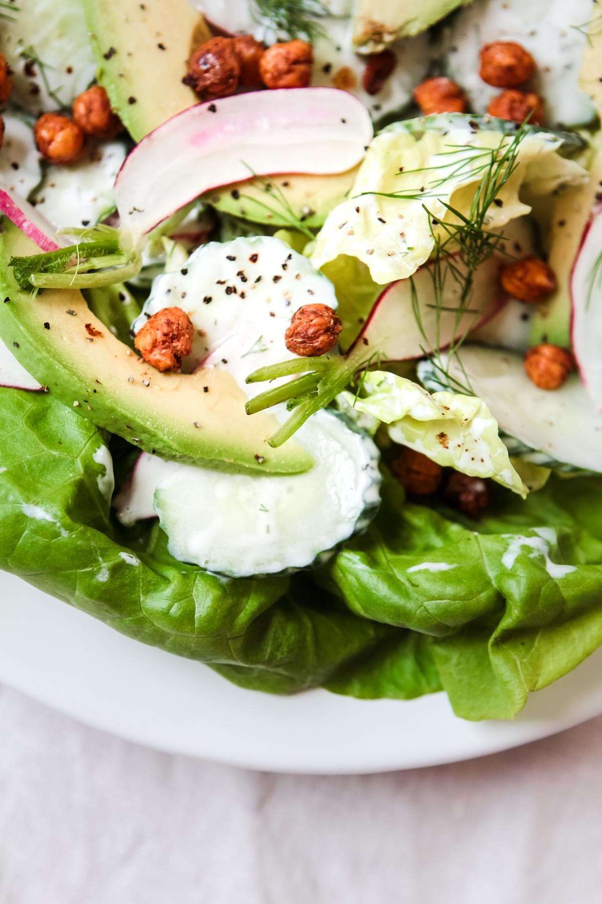 Butter Lettuce And Radish Salad With Yogurt Dill Dressing toasted chickpeas and avocado
