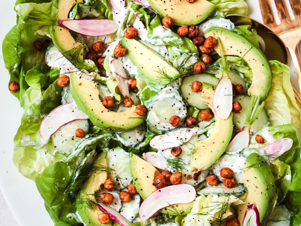 Butter Lettuce And Radish Salad With Yogurt Dill Dressing toasted chickpeas and avocado
