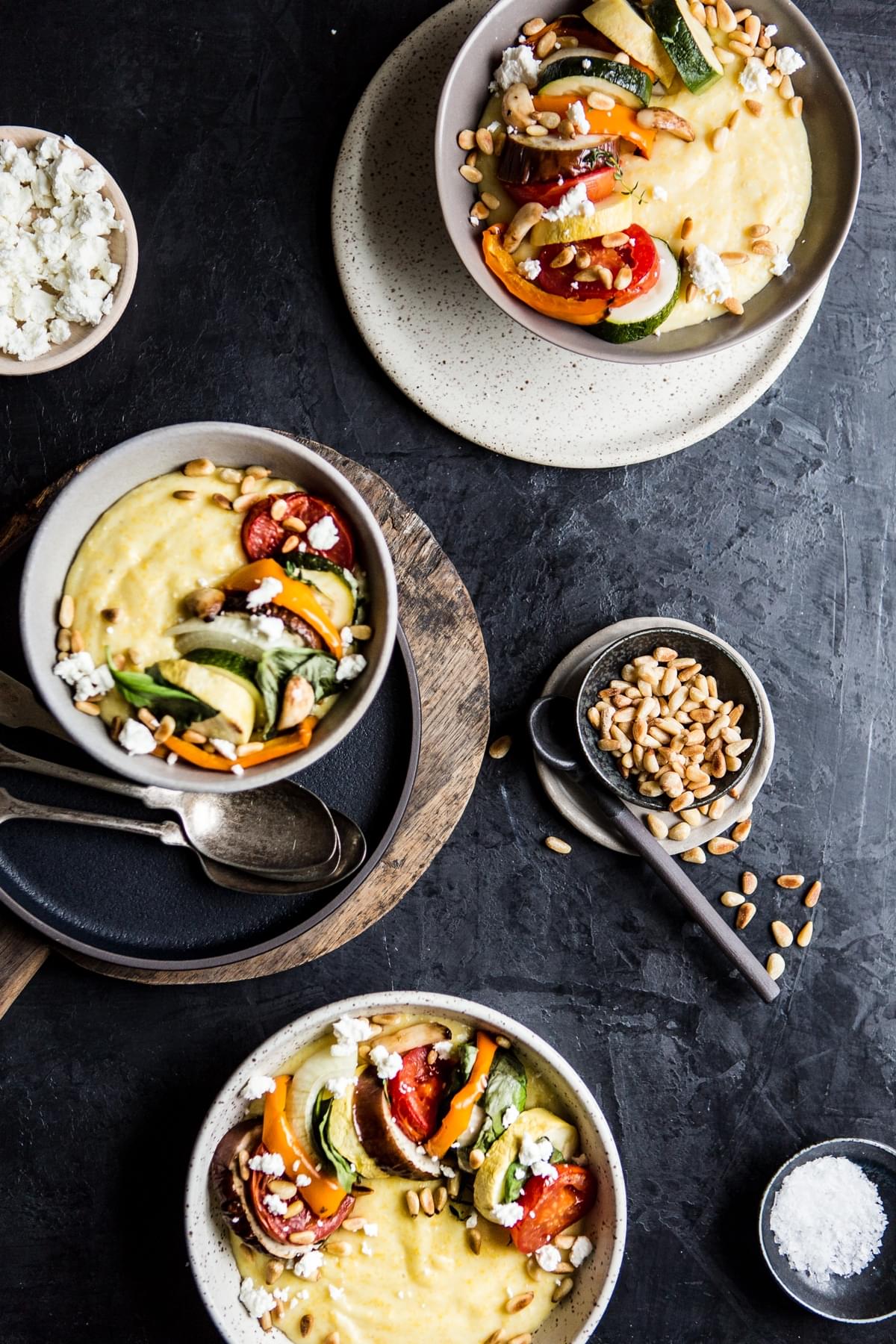 Creamy Goat Cheese Polenta With Ratatouille toasted pine nuts and basil