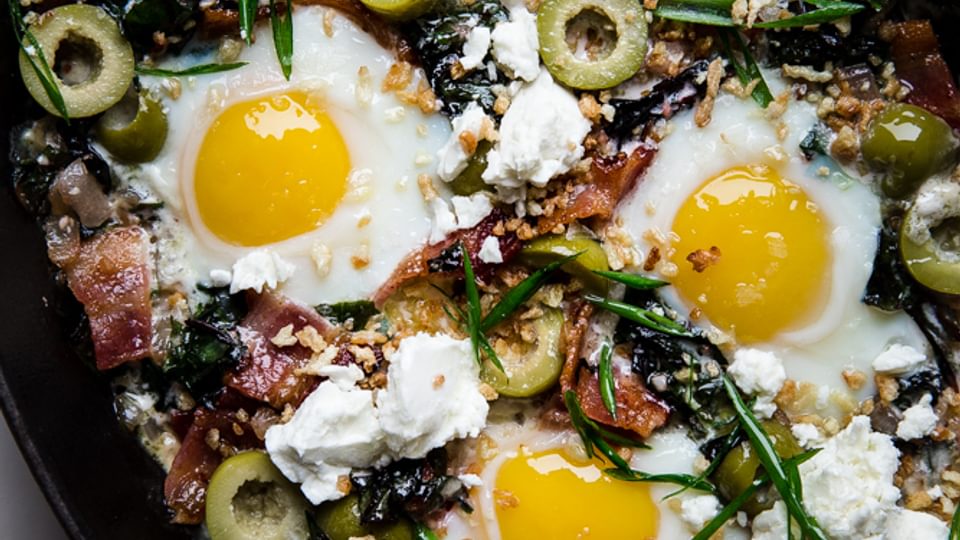 Baked Eggs with Swiss Chard and Green Olives
