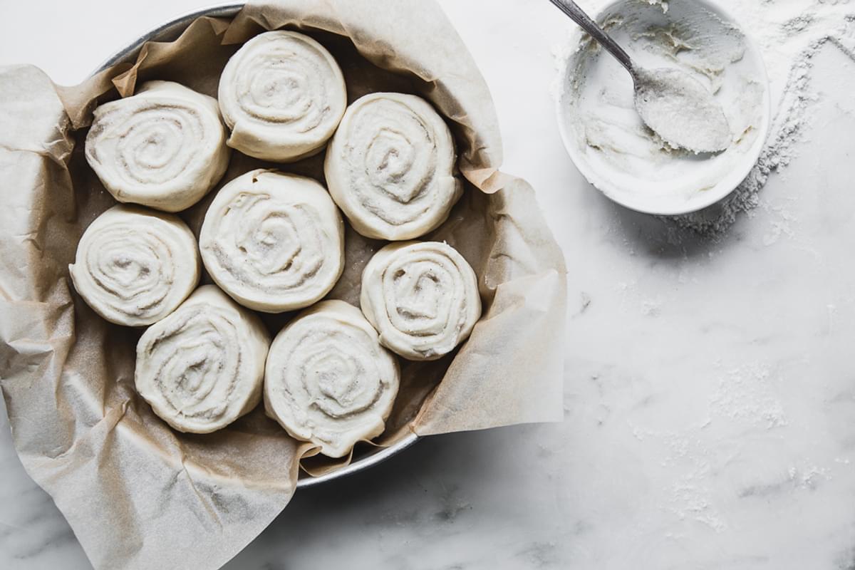 Cardamom roll dough in a baking dish