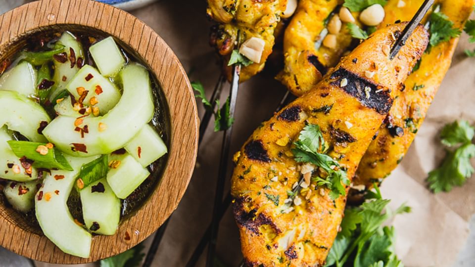 Chicken Satay with Peanut Sauce With Cucumber Salad