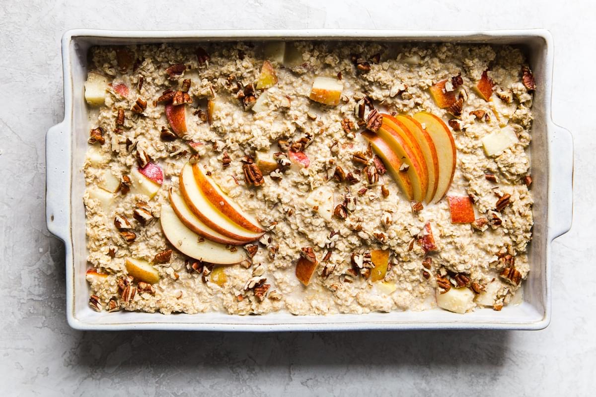 Baked Oatmeal With maple, pecans and Apple slices on top