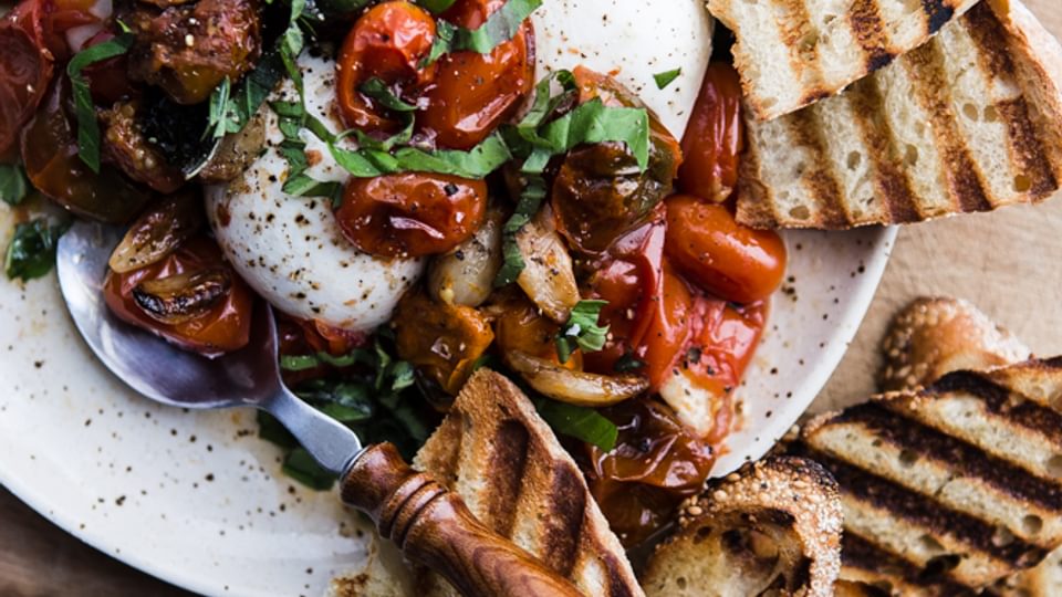Braised Tomatoes with Burrata, basil and grilled bread on a plate