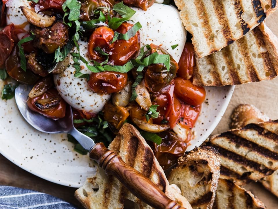 Braised Tomatoes with Burrata, basil and grilled bread on a plate