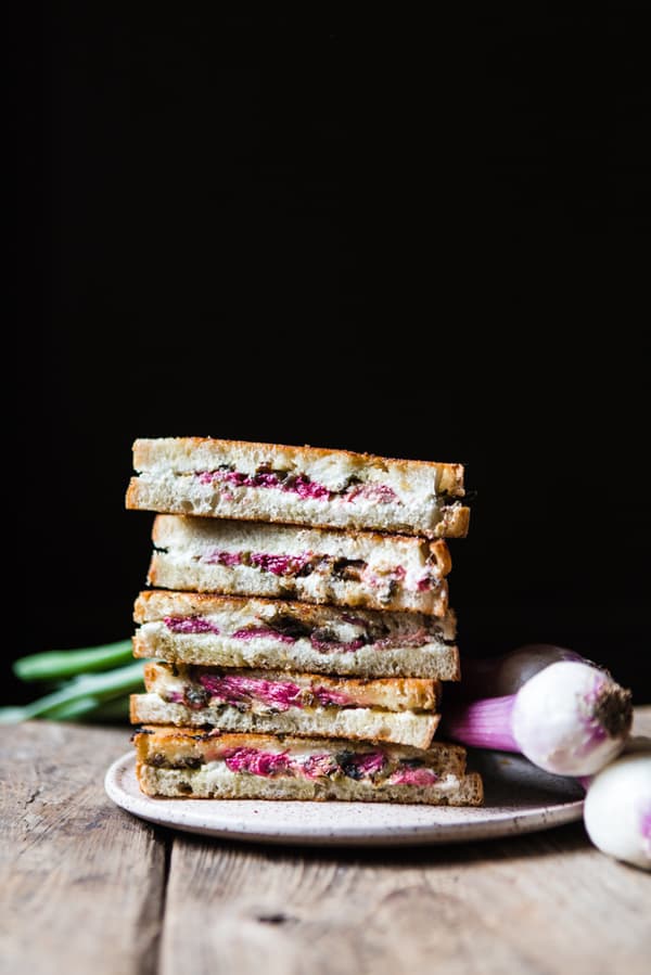Roasted Rhubarb and goat Grilled Cheese with leeks
