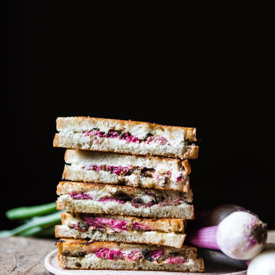 Roasted Rhubarb and goat Grilled Cheese with leeks