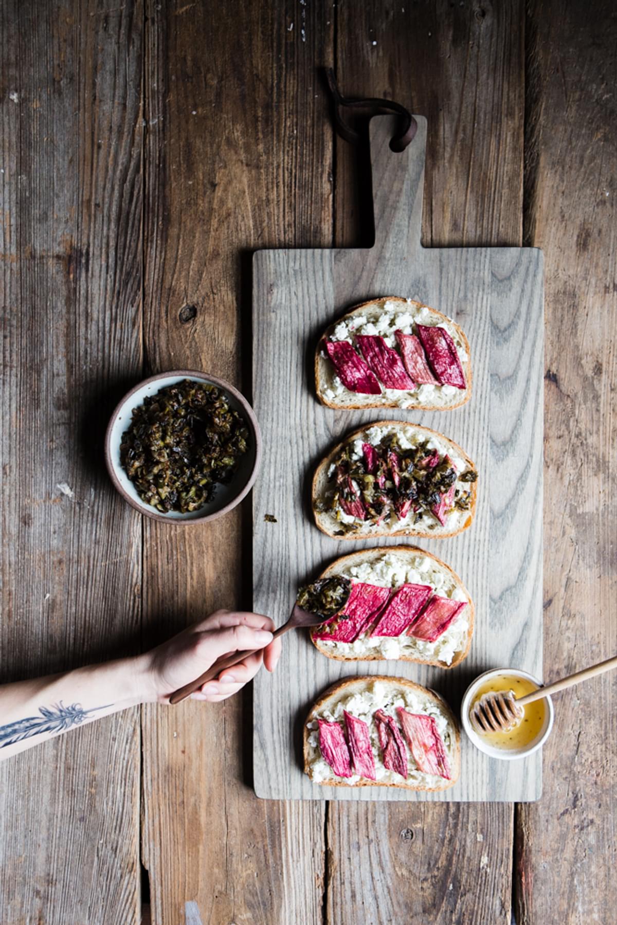Roasted Rhubarb and Chevre Grilled Cheese with caramelized spring onions