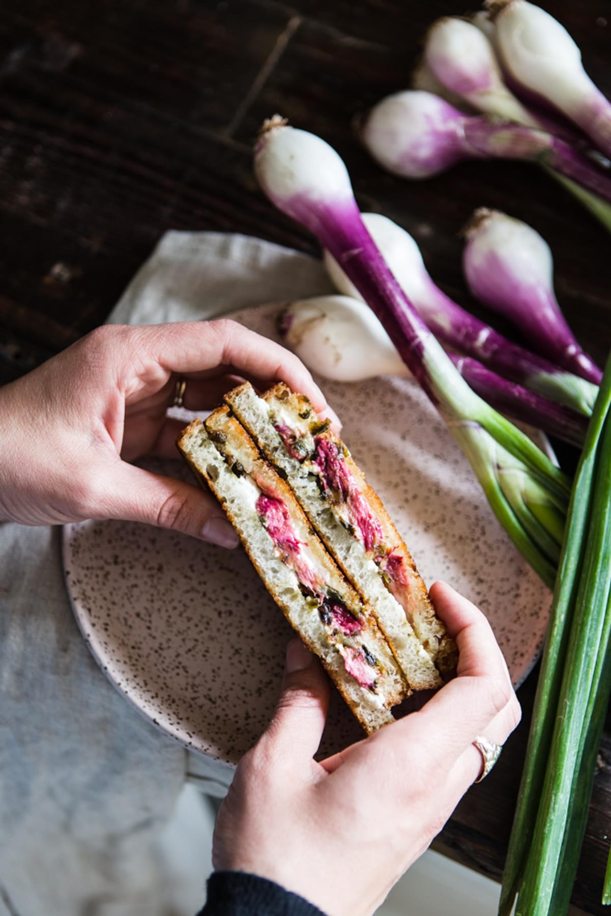 hands holding Roasted Rhubarb and goat cheese Grilled Cheese sandwich with honey