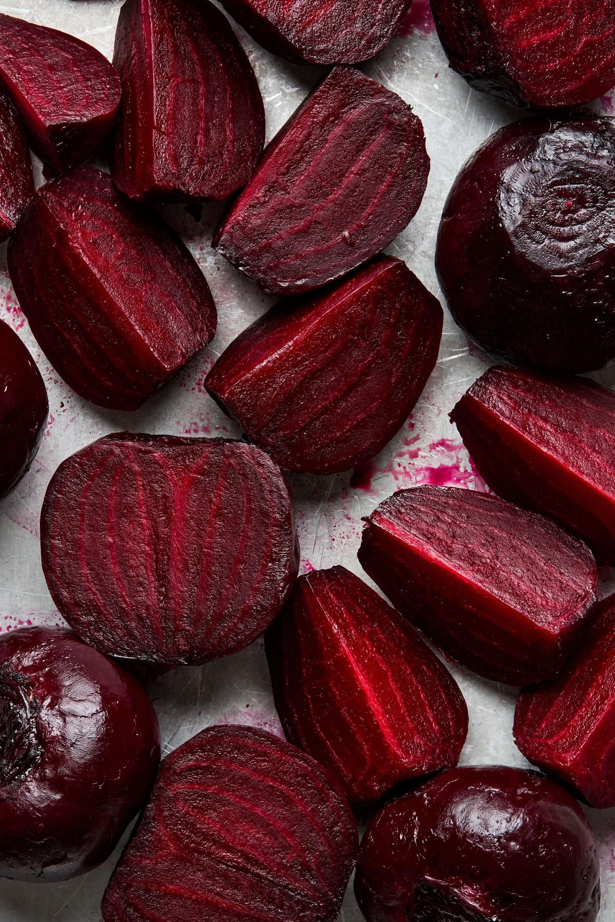 sliced roasted beets ready to go in a homemade beet salad