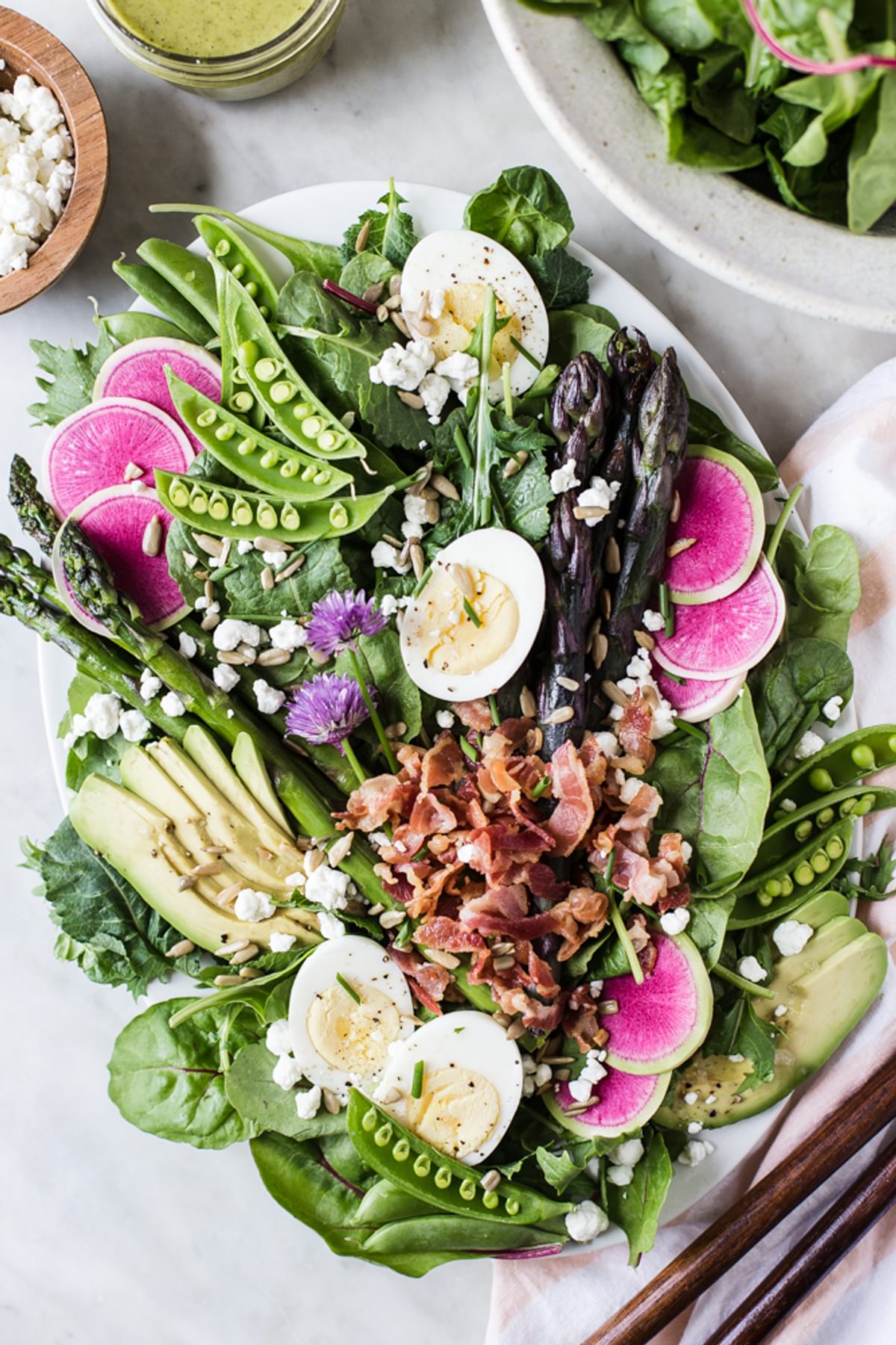 spring cobb salad with avocado, radish, asparagus and a honey dijon vinaigrette