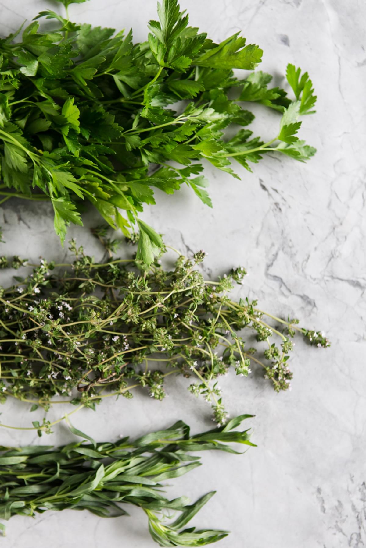parsley, thyme and tarragon on a marble counter