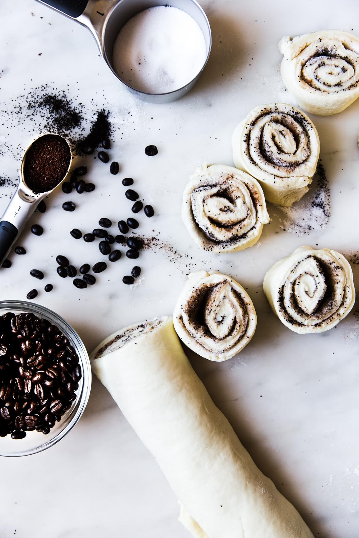 Coffee Cinnamon Rolls rolled out and cut