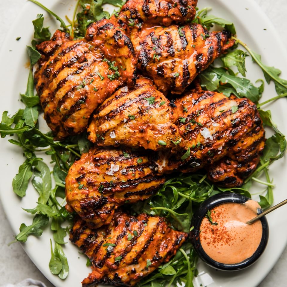 Grilled chicken with harissa marinade on a plate with arugula