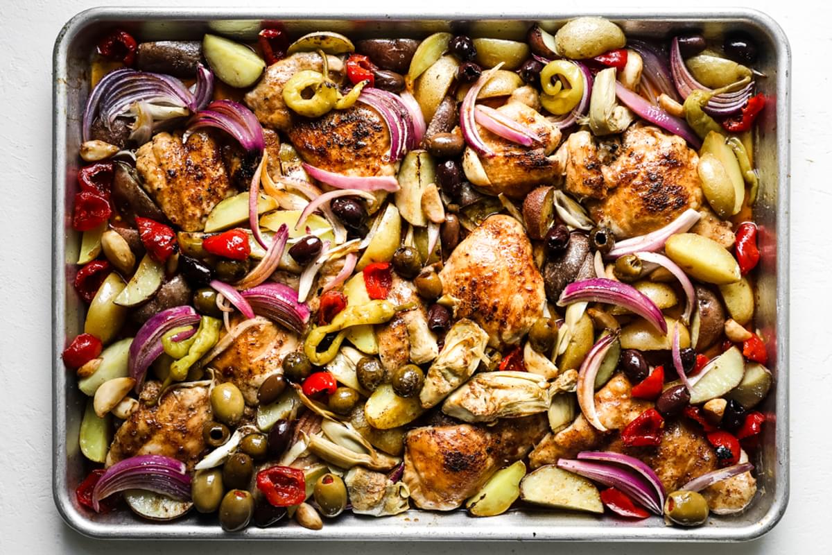 Olive Bar Sheet pan Chicken with onions and potatoes