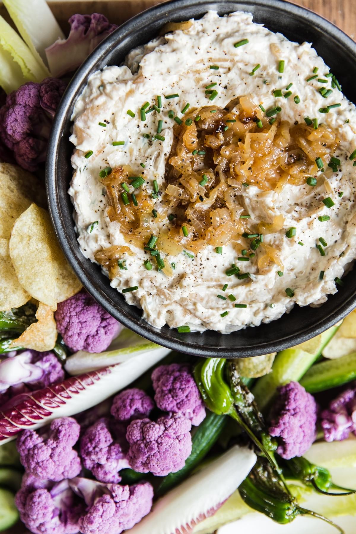 caramelized french onion dip with veggies
