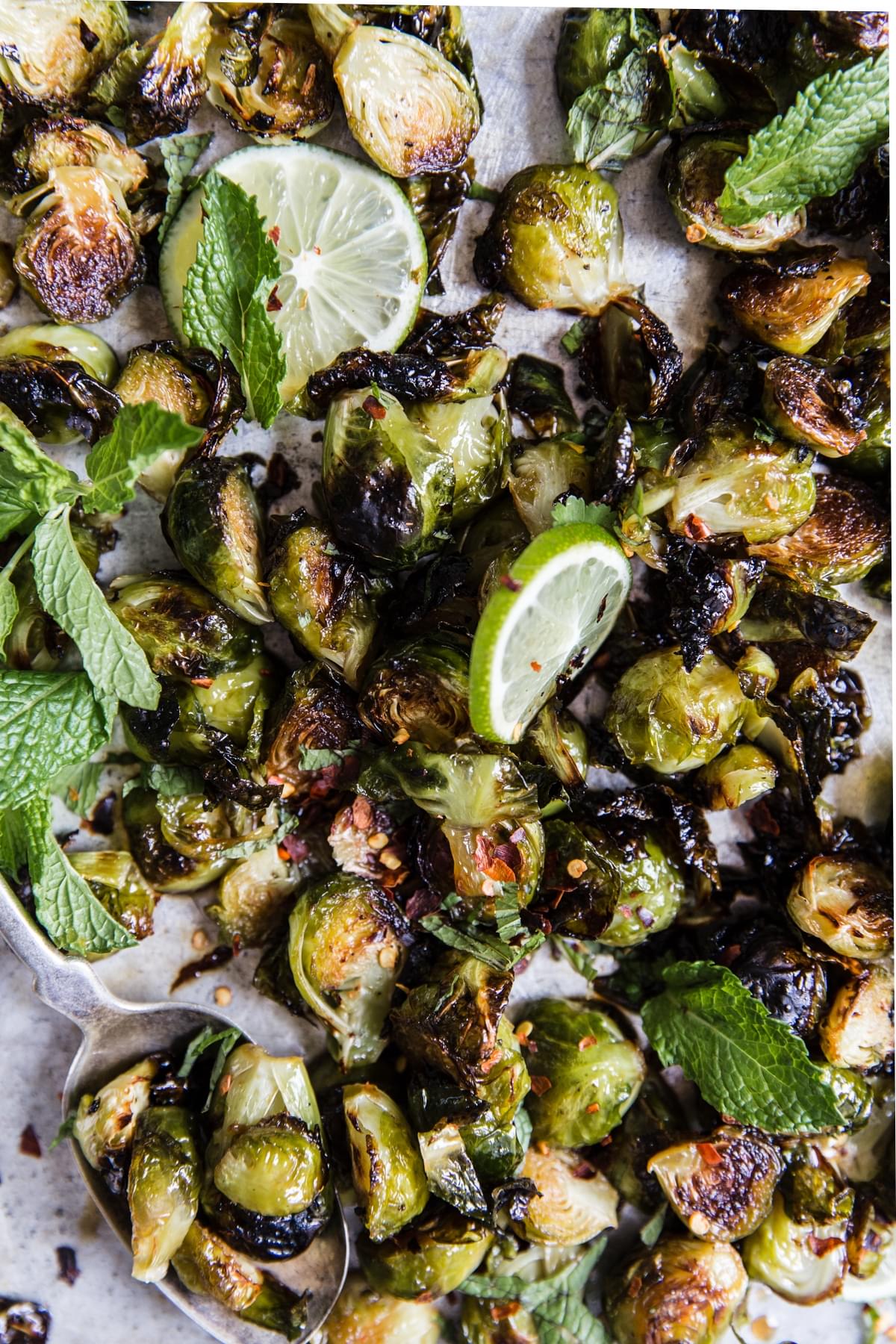 Crispy Brussels Sprouts With sweet Fish Sauce on a baking sheet