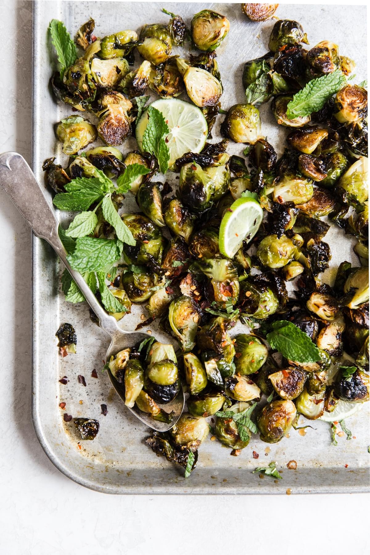 Crispy Brussels Sprouts With Fish Sauce on a baking sheet