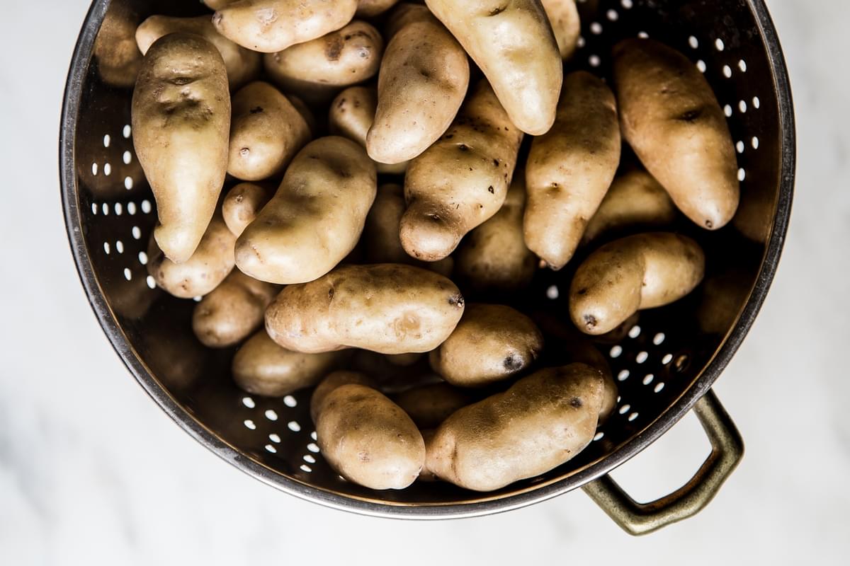 fingerling potatoes in a colander