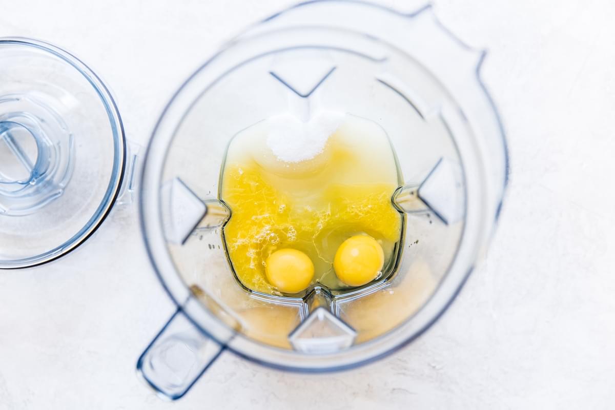 sugar and eggs in a blender