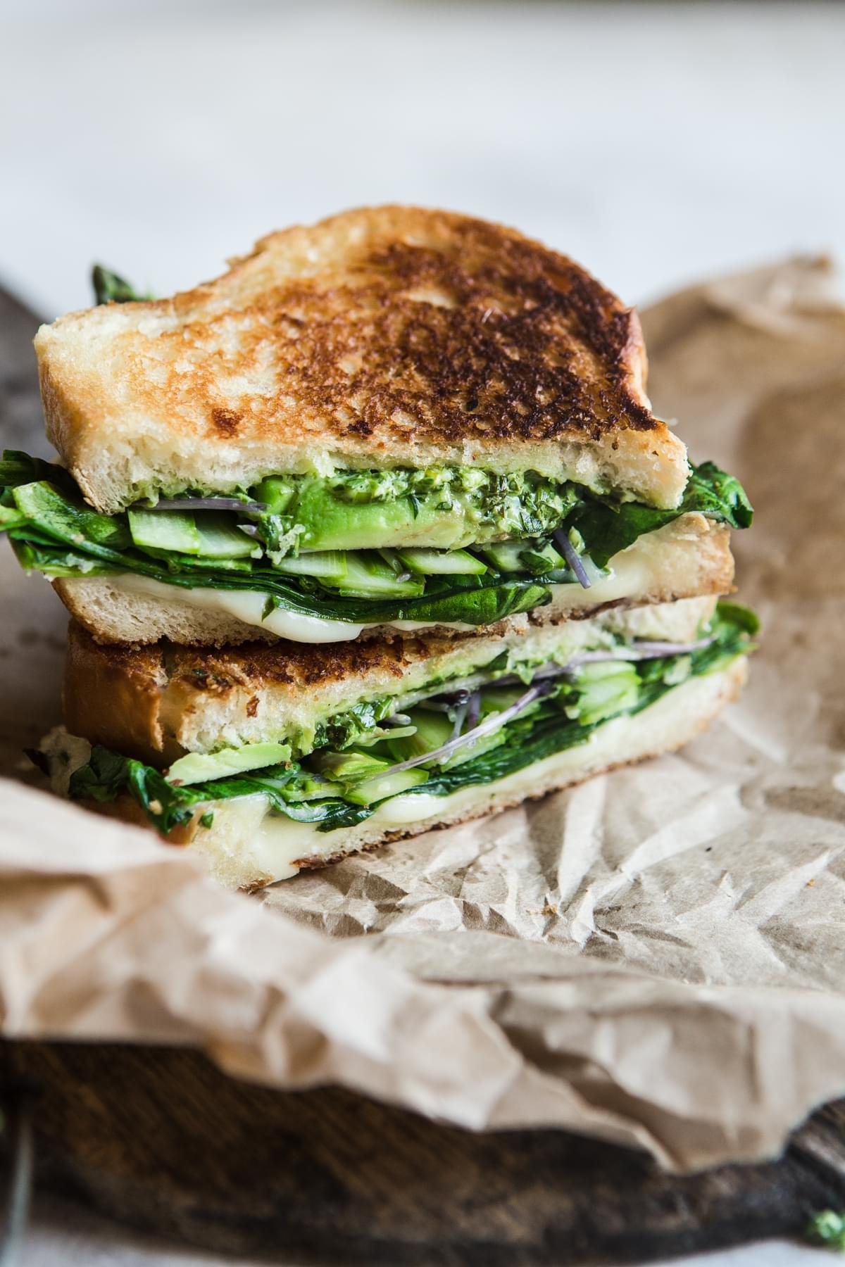 Green Goddess Grilled Cheese Sandwich made with avocado, spinach, asparagus