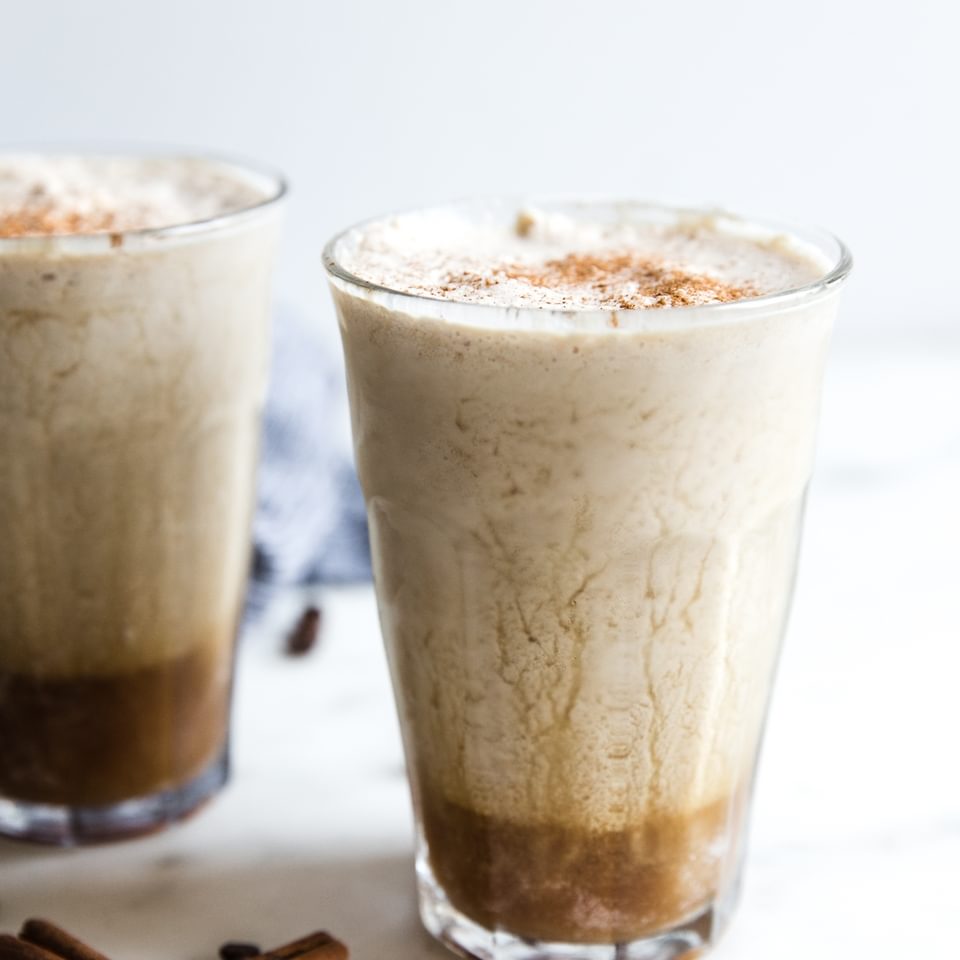 2 iced bullet proof coffees in glasses with cinnamon