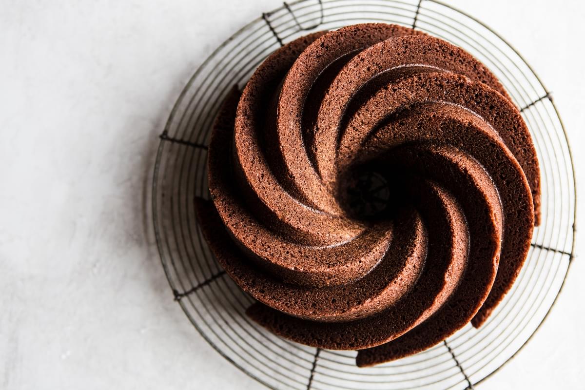 Irish Cream Chocolate Bundt Cake on a baking rack