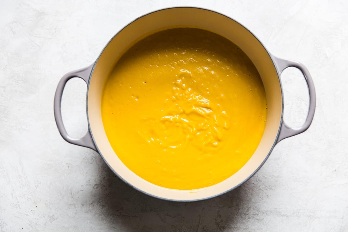 pureed Roasted Butternut Squash Soup With Apples in a soup pot