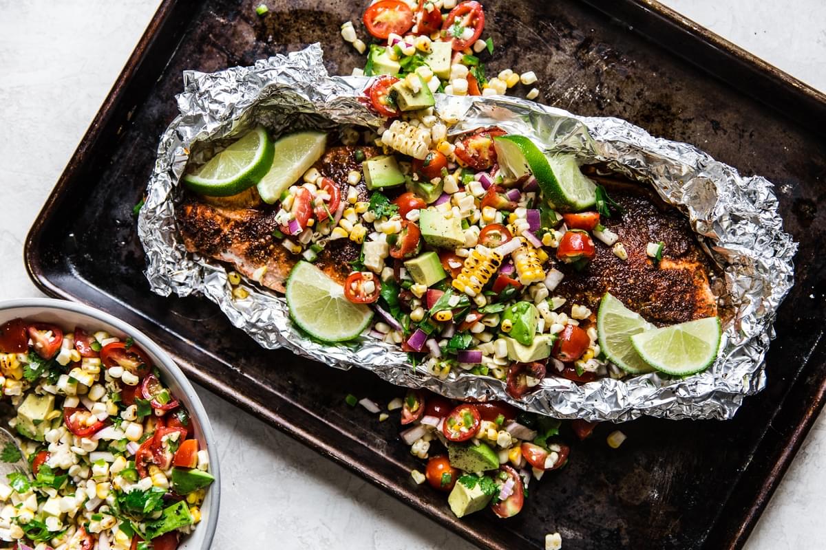 Salmon In Foil With taco seasoning and an Avocado Tomato Salad