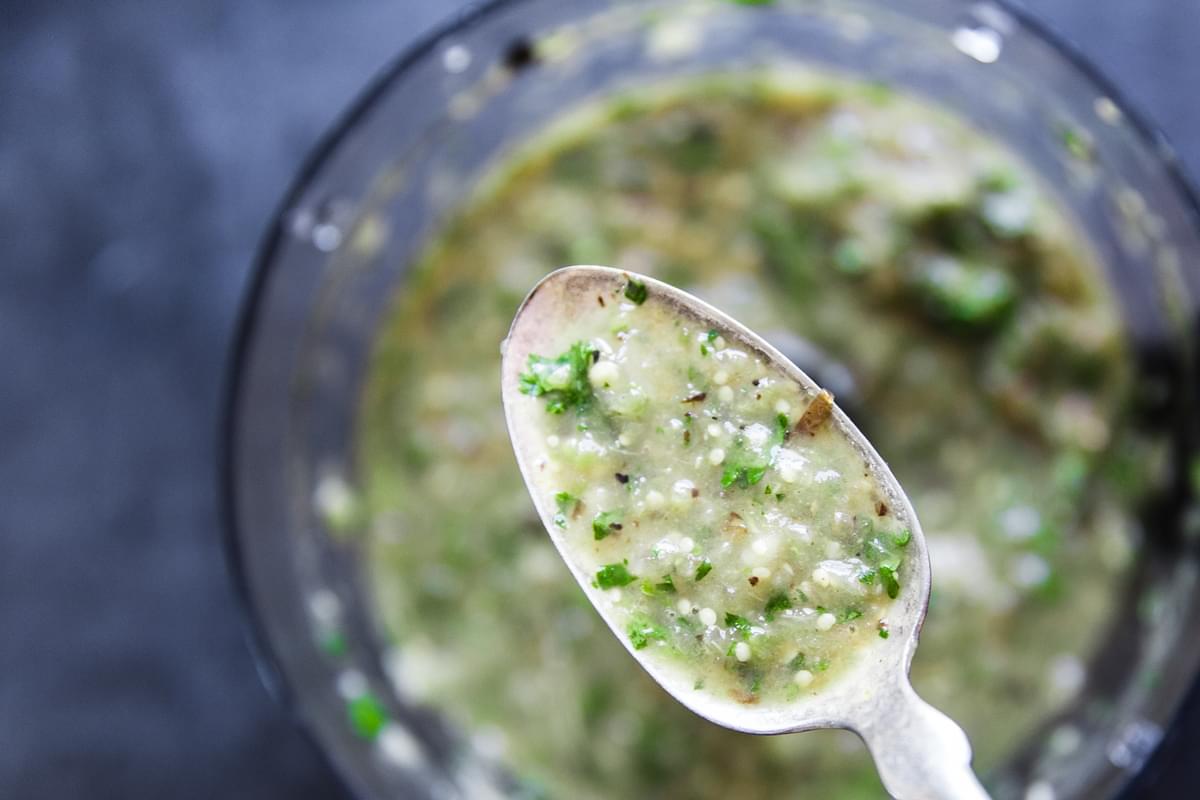 the best Salsa Verde Recipe on a spoon