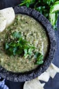 homemade salsa verde made with tomatillos in a bowl