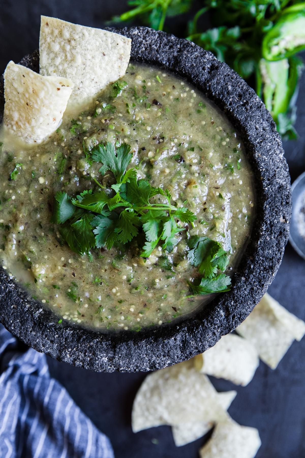 homemade salsa verde recipe in a bowl with chips