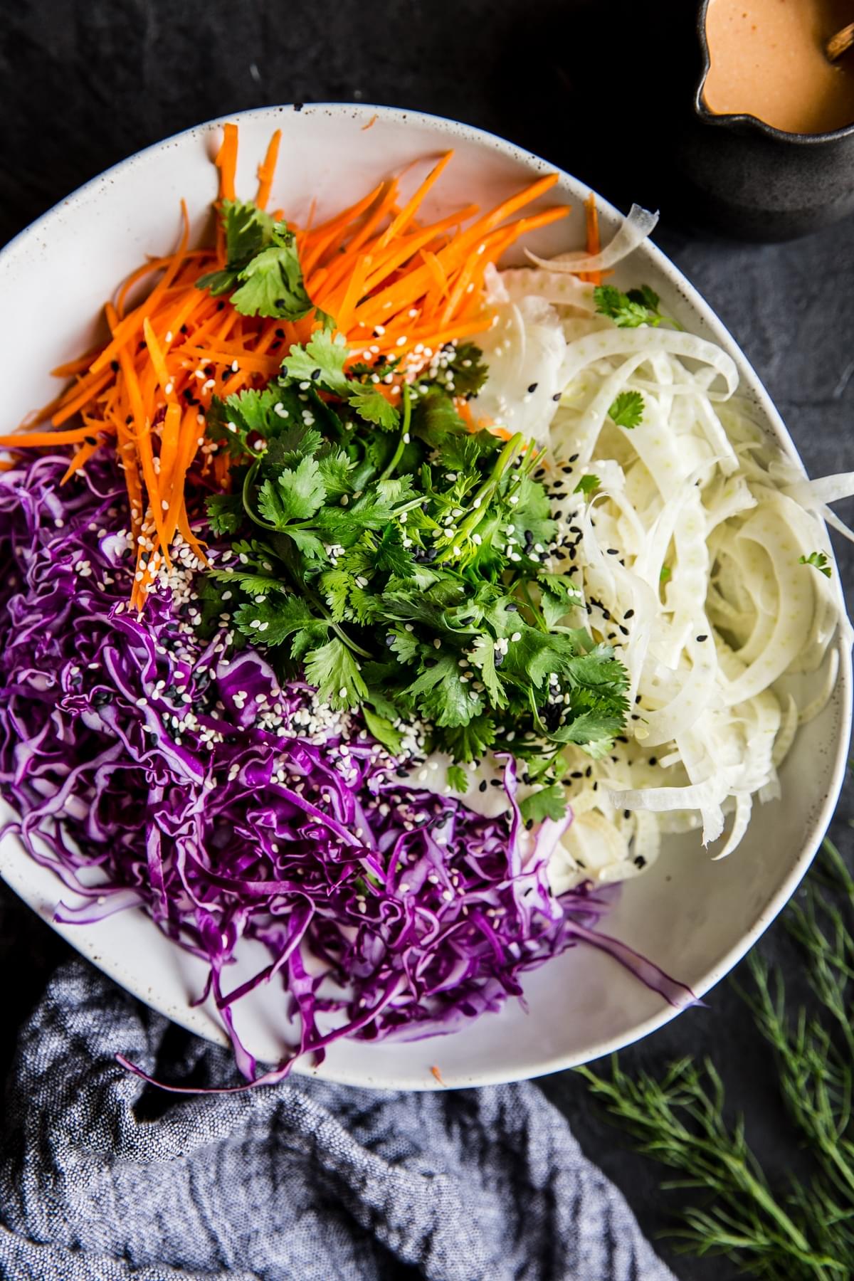 fennel, carrots, cilantro, red cabbage and sesame seeds in a bowl