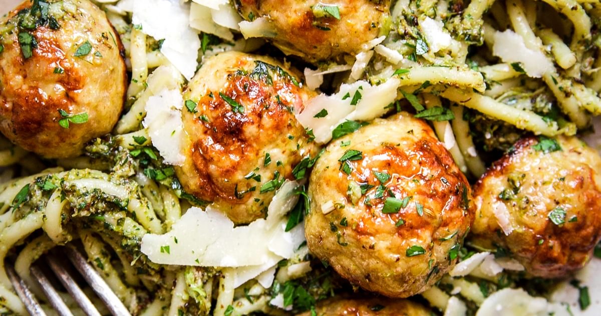 Baked Chicken Meatballs with Broccoli Pesto Pasta | The Modern Proper