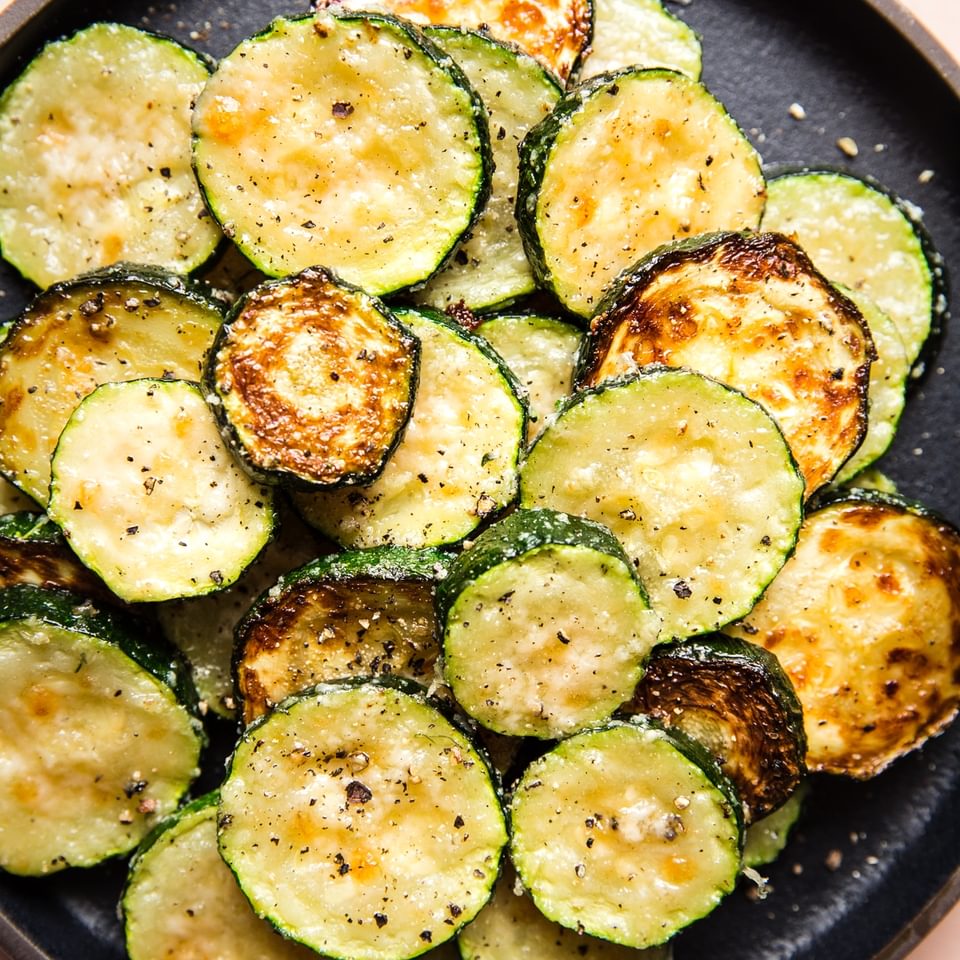 a pile of roasted zucchini with parmesan cheese on a black please
