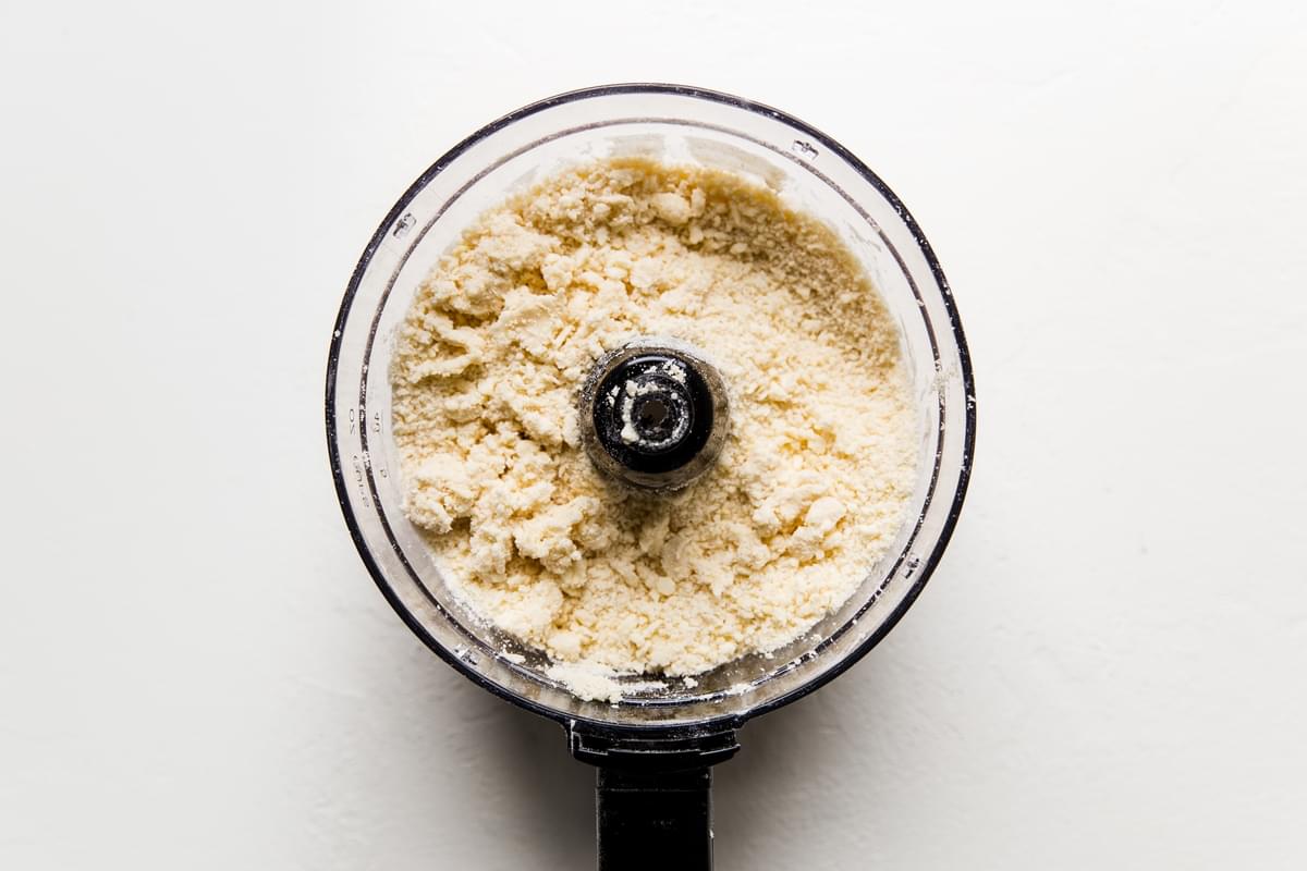 flour, egg, salt, butter and ice water pulsed together in a food processor