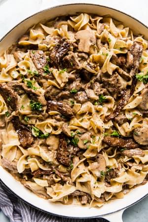 homemade beef stroganoff in a skillet made with sirloin steak, mushrooms, onion, spices, butter, sour cream and dijon