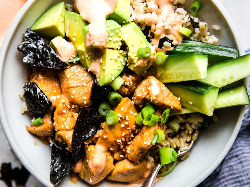 Chicken Terryaki Sushi Bowl with cucumber and avocado