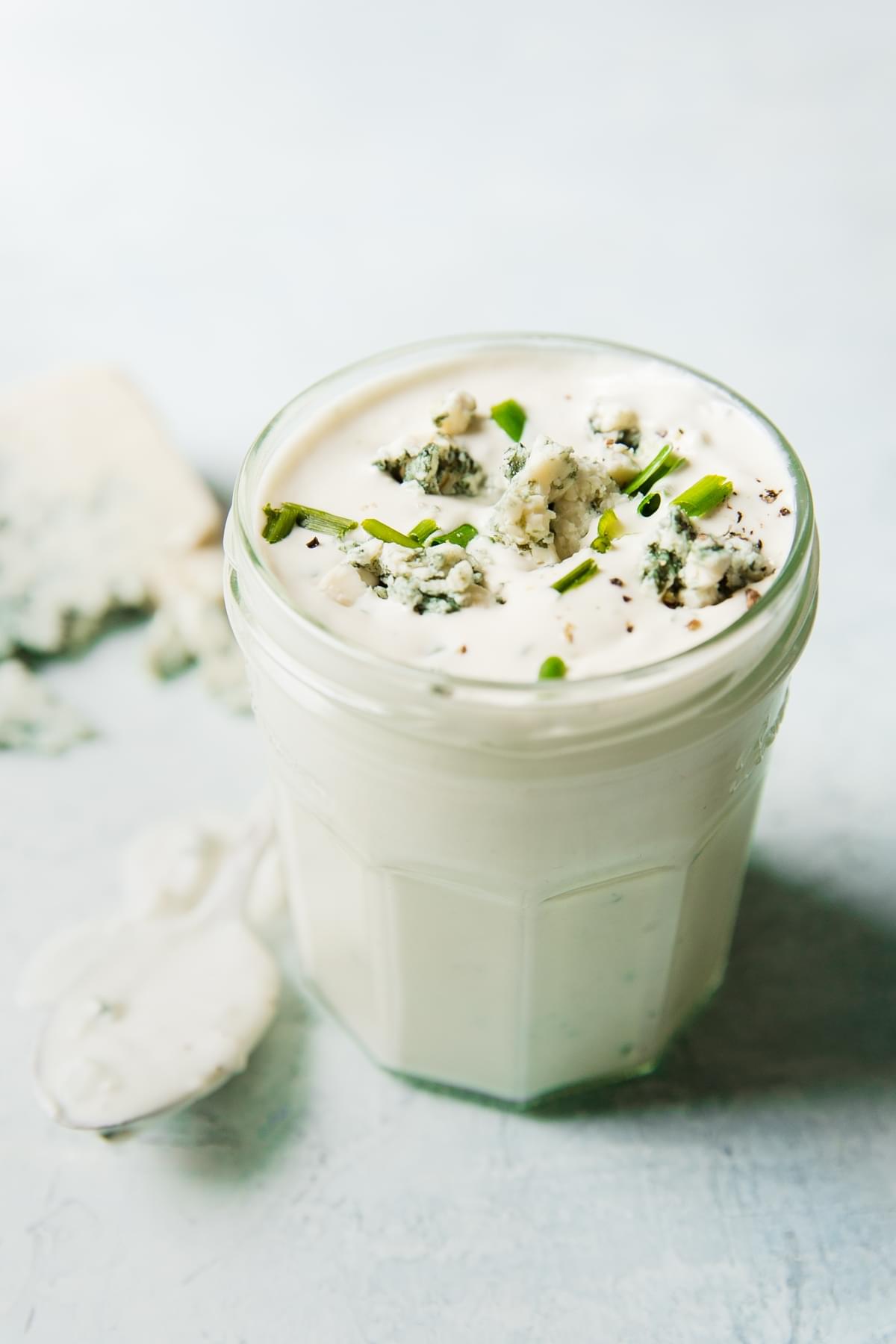 Homemade blue cheese dressing in a jar