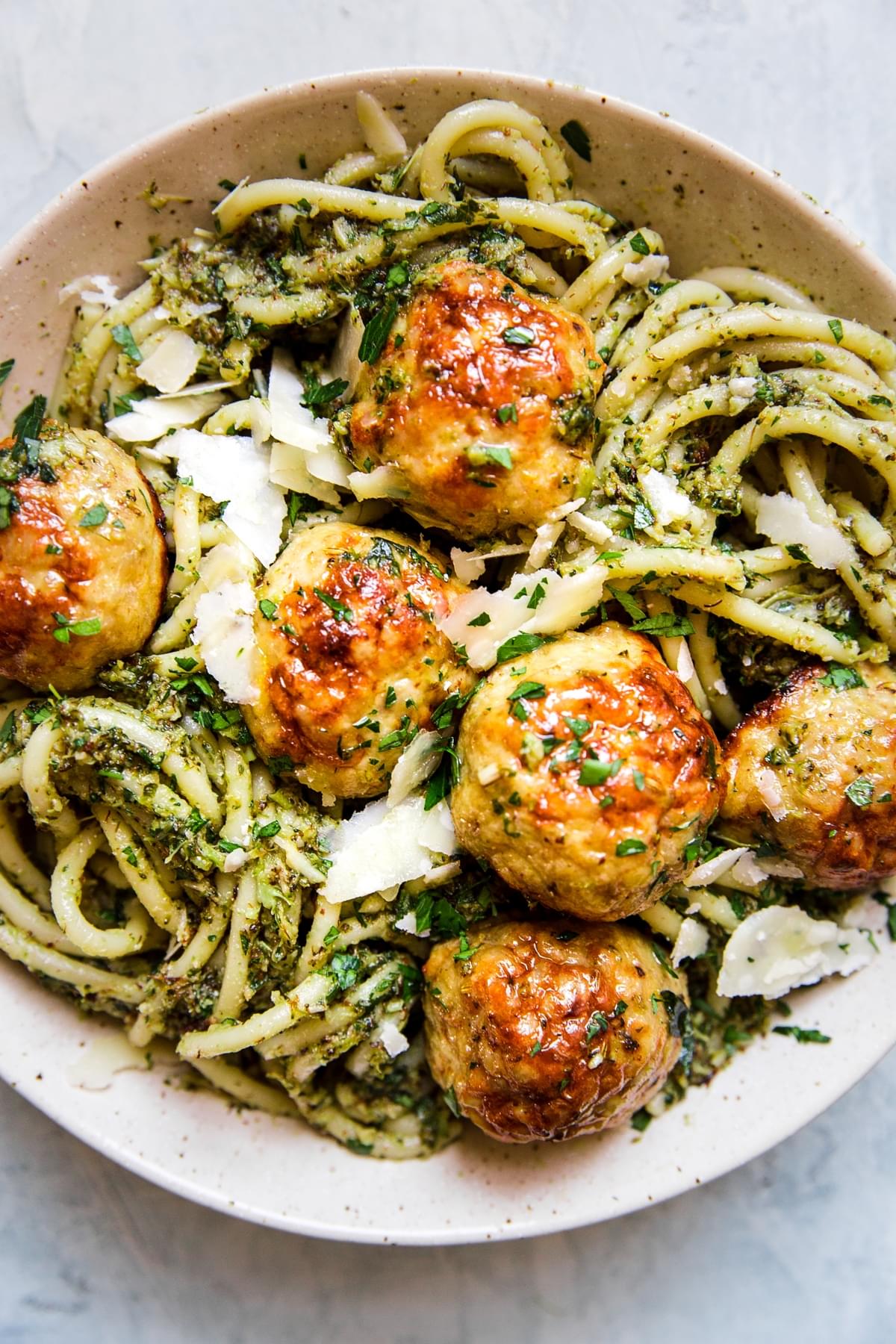 broccoli pesto on pasta with chicken meatballs