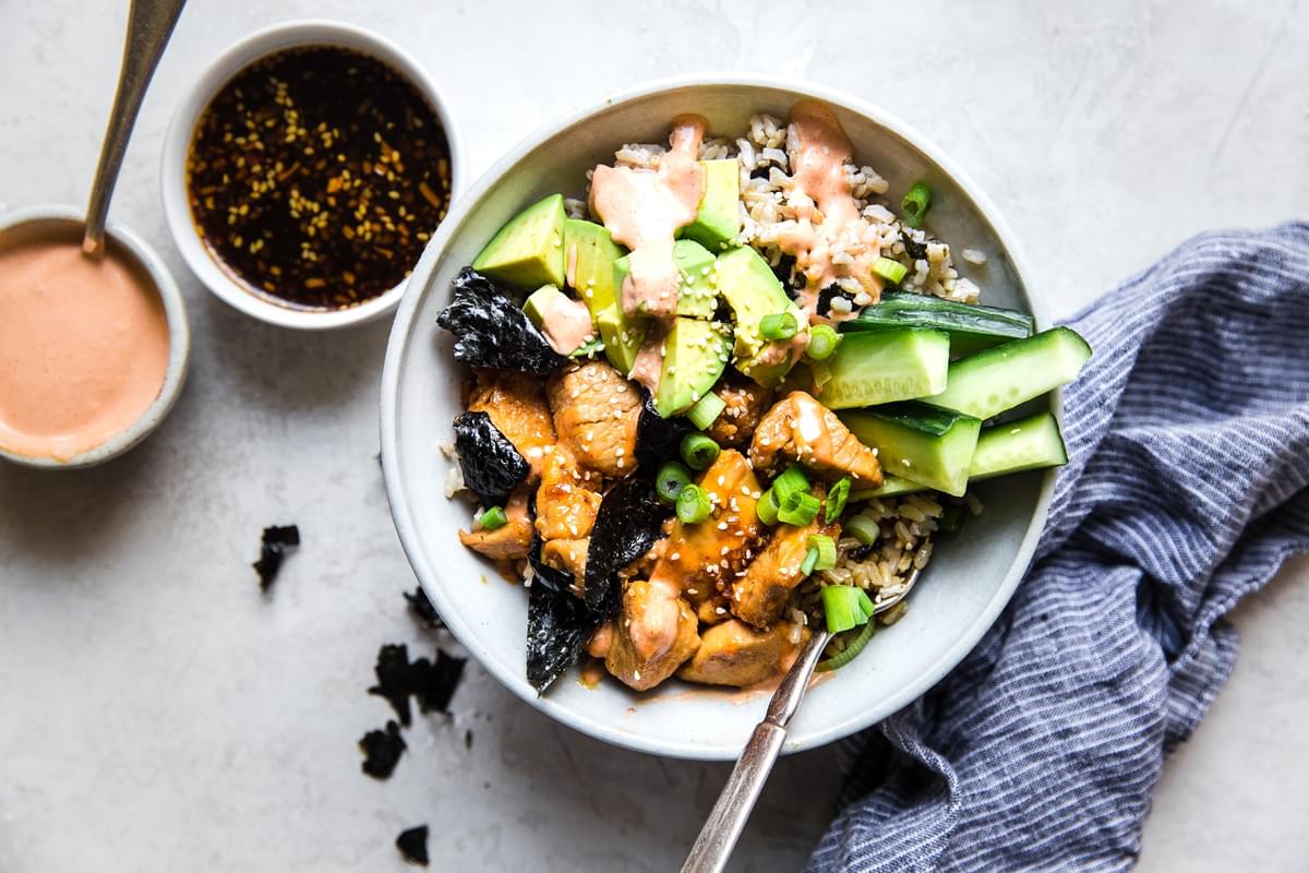Chicken Terryaki Sushi Bowl with a fork and a linen