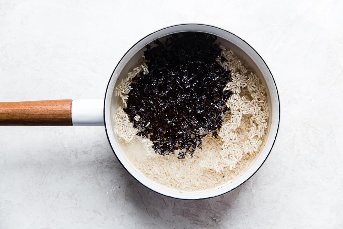 nori seasoned brown rice in a pot