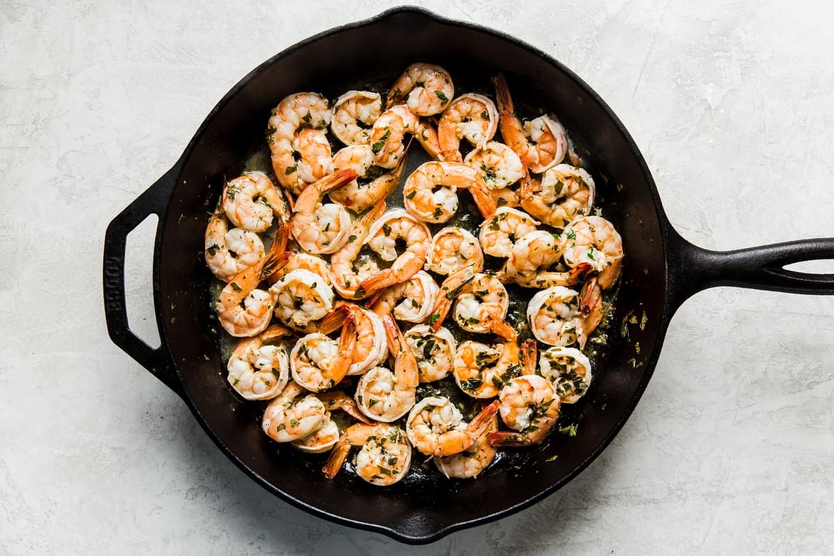 chimichurri shrimp in a saute pan