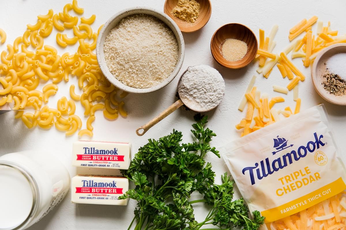 ingredients for Classic Baked Macaroni And Cheese pasta, butter, panko, flour, cream, milk