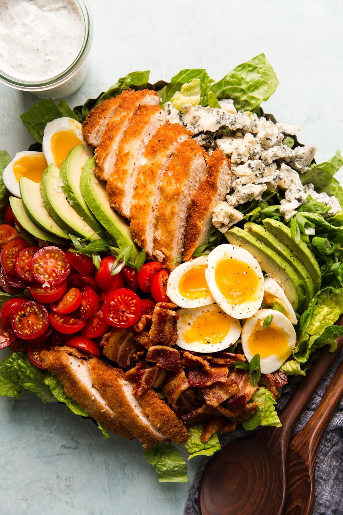 Classic cobb salad with crispy panko chicken and buttermilk ranch dressing